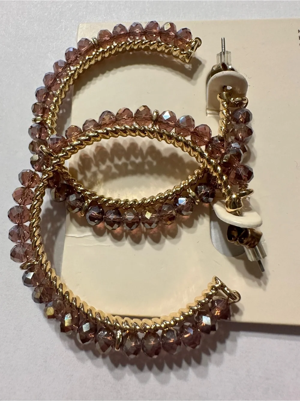 a new day Gold Hoop Earrings with Mauve Crystal Beads